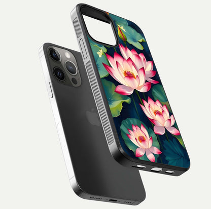 Lotus Dream Serenity Glass Case for iPhone 12 Pro Max floating dual-view mockup highlighting HD gloss glow