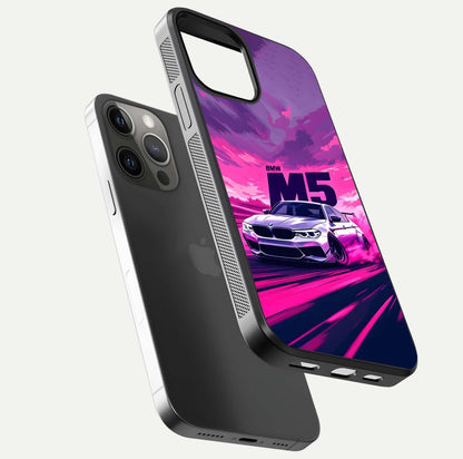MS Neon Car Glass Case for iPhone 12 Pro Max floating dual-view mockup showing HD gloss and electric color tones