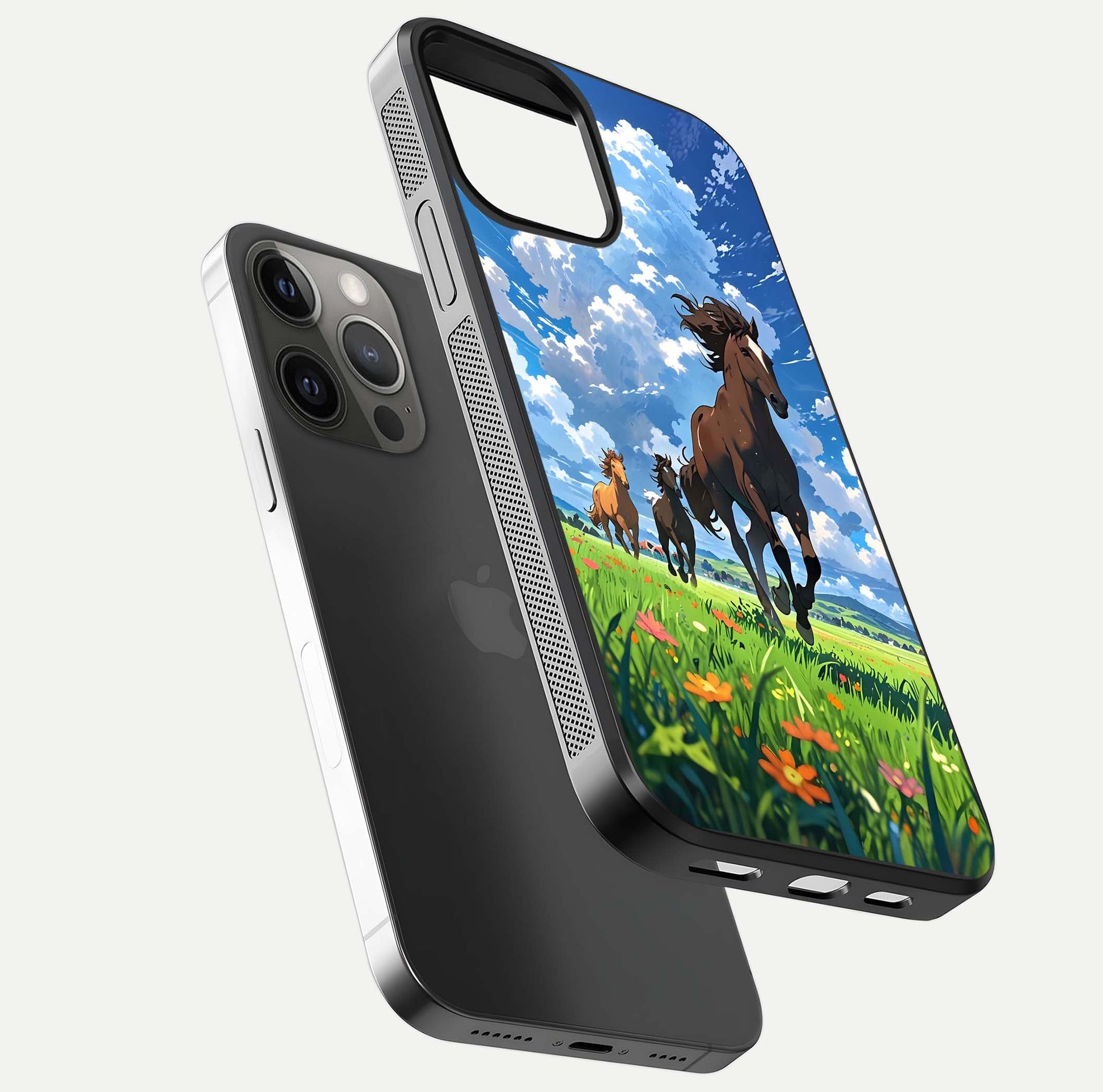 Majestic Horses Galloping Glass Case for iPhone 12 Pro Max floating dual-view mockup showing gloss texture and vivid tones