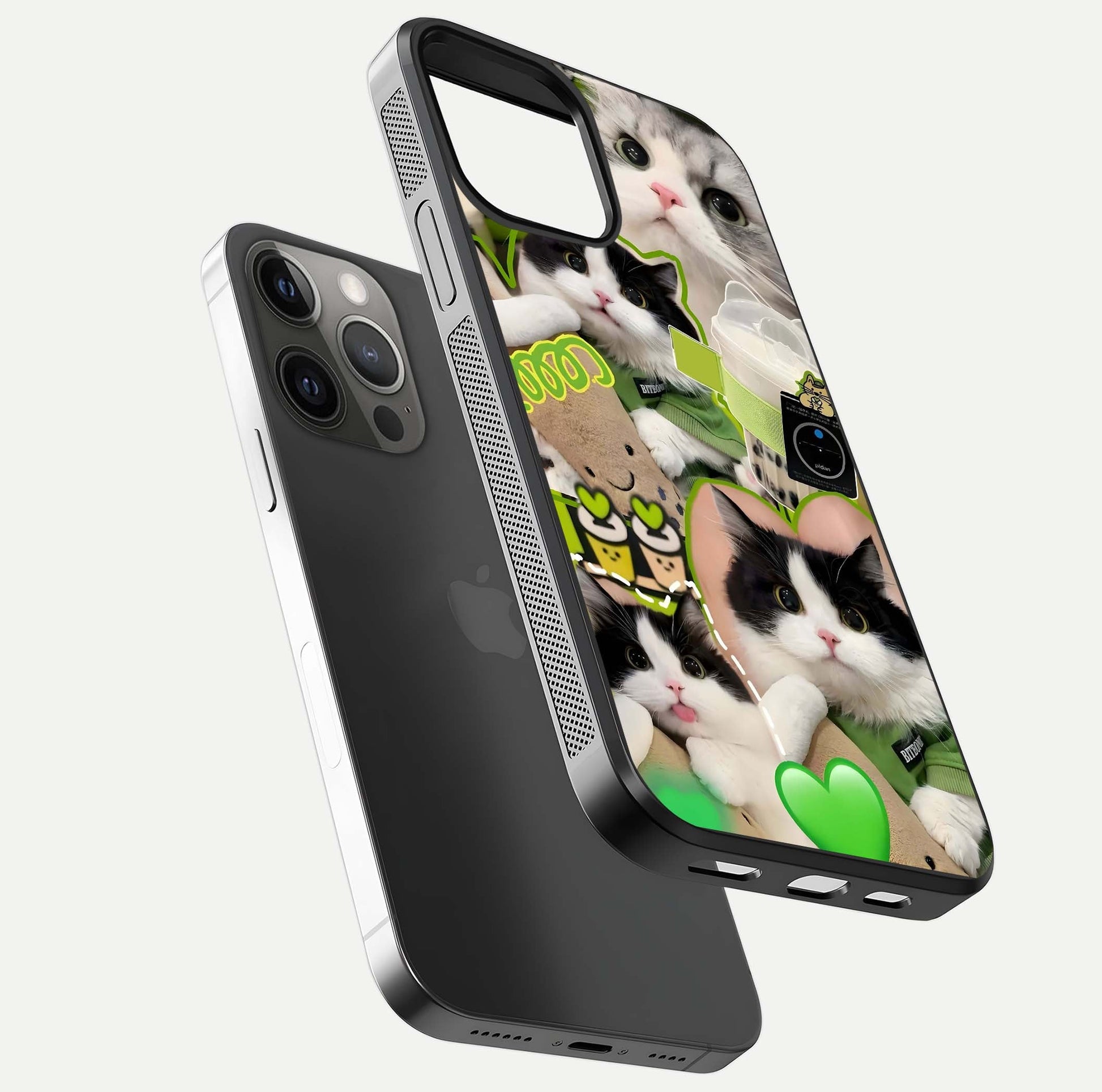 Matcha Cats Mood Glass Case for iPhone 12 Pro Max floating dual-view mockup showing HD gloss surface and soft tones