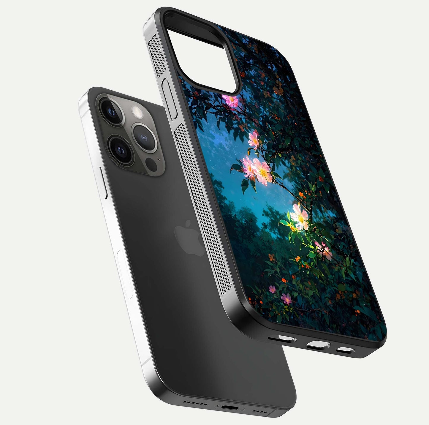 Midnight Bloom Glow Glass Case for iPhone 12 Pro Max floating dual-view mockup showing HD gloss and floral contrast