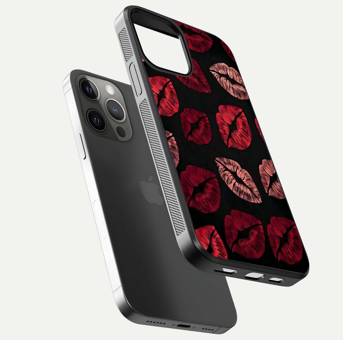 Midnight Kiss Love Glass Case for iPhone 12 Pro Max floating dual-view mockup showing HD gloss and elegant edge design