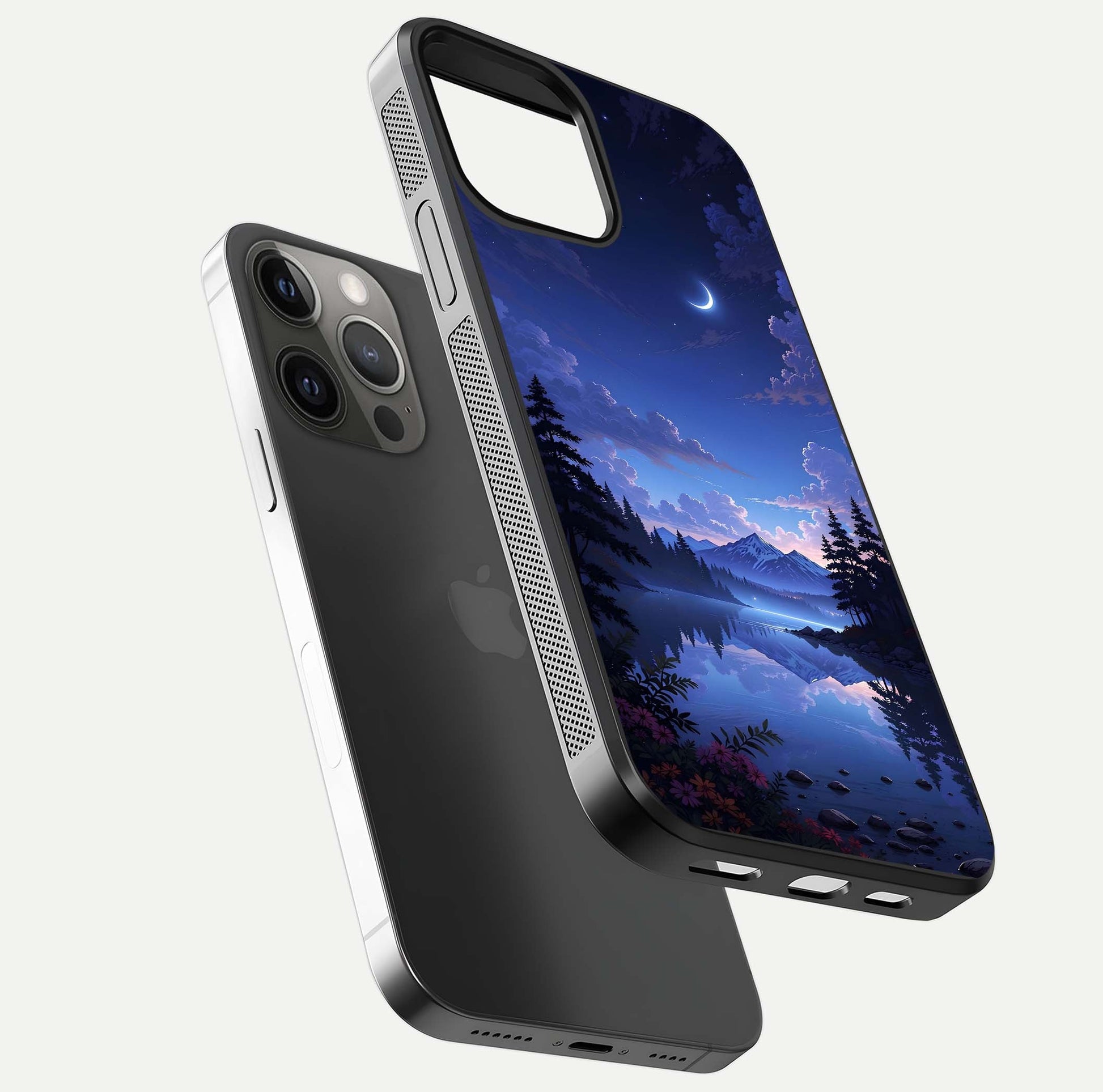 Midnight Lake Peace Glass Case for iPhone 12 Pro Max floating dual-view mockup showing gloss finish and peaceful art