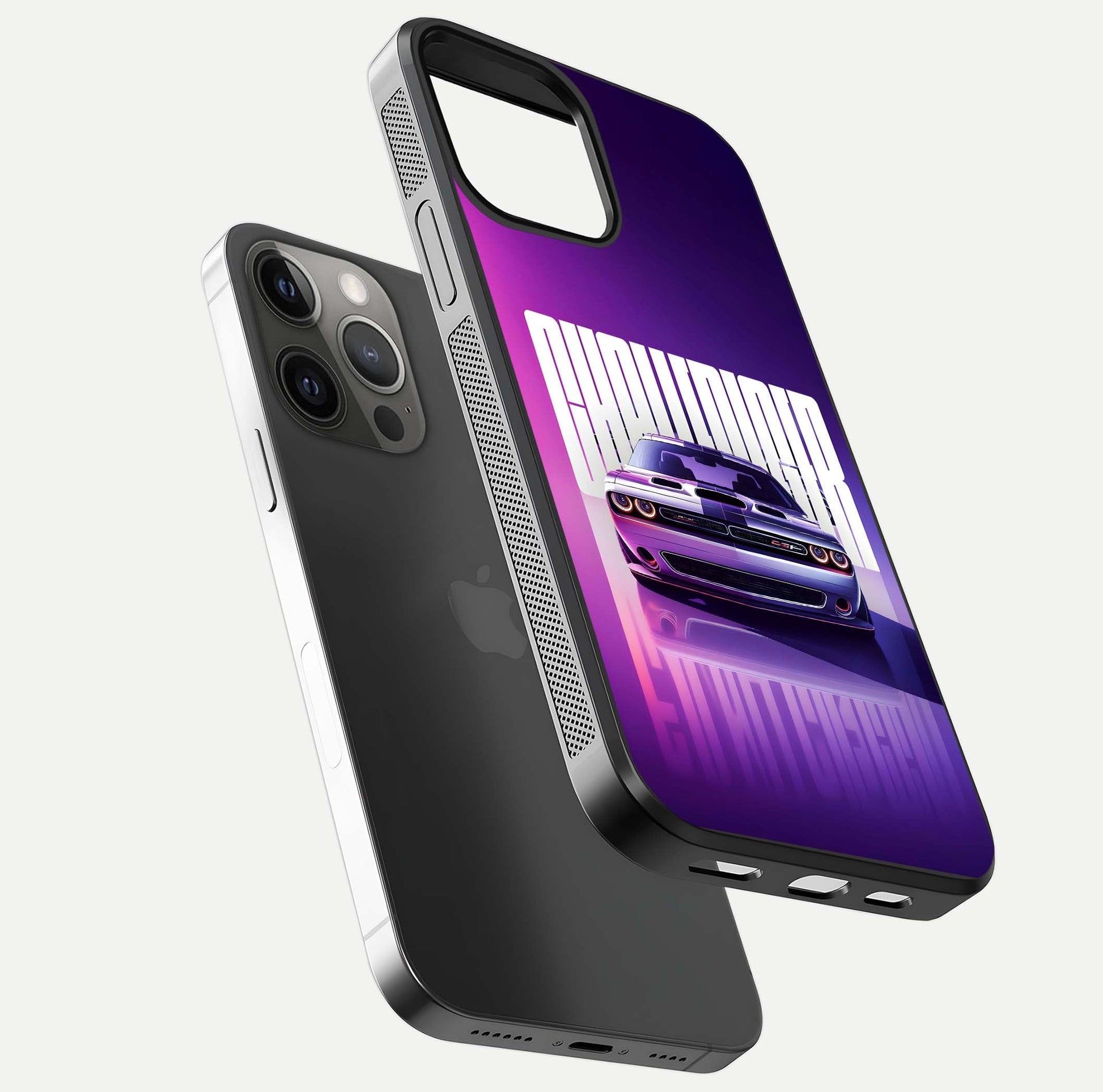 Midnight Muscle Ride Glass Case for iPhone 12 Pro Max floating dual-view mockup showing glossy finish and shine depth