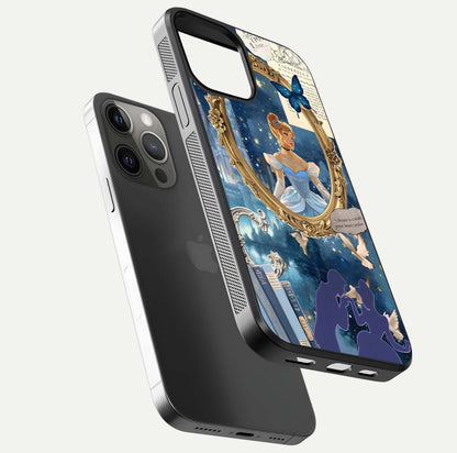 Midnight Queen Glass Case for iPhone 12 Pro Max floating dual-view mockup showing HD glass shine and luxury art