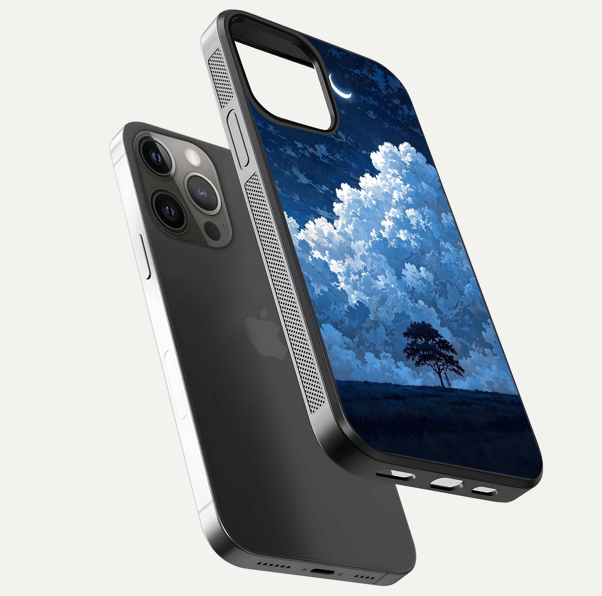 Midnight Sky Serenity Glass Case for iPhone 12 Pro Max floating dual-view mockup showing HD gloss and night shine