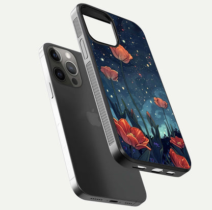 Midnight Tulip Glow Glass Case for iPhone 12 Pro Max floating dual-view mockup showing HD gloss and tulip tone