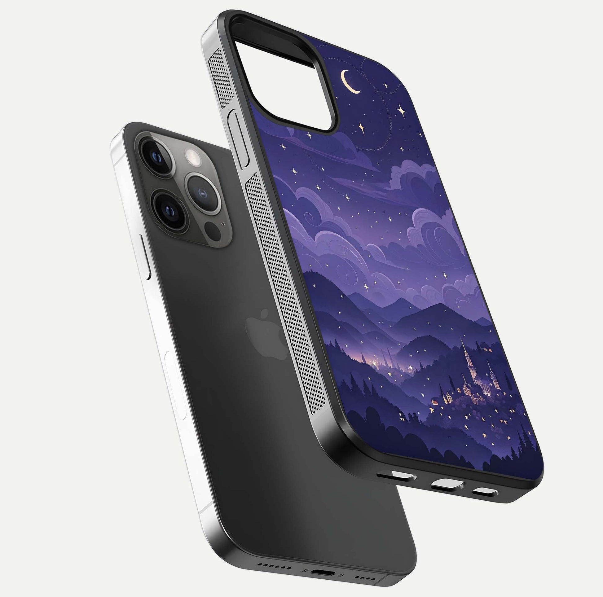 Minimal Night View Glass Case for iPhone 12 Pro Max floating dual-view mockup showing HD gloss and clean lines