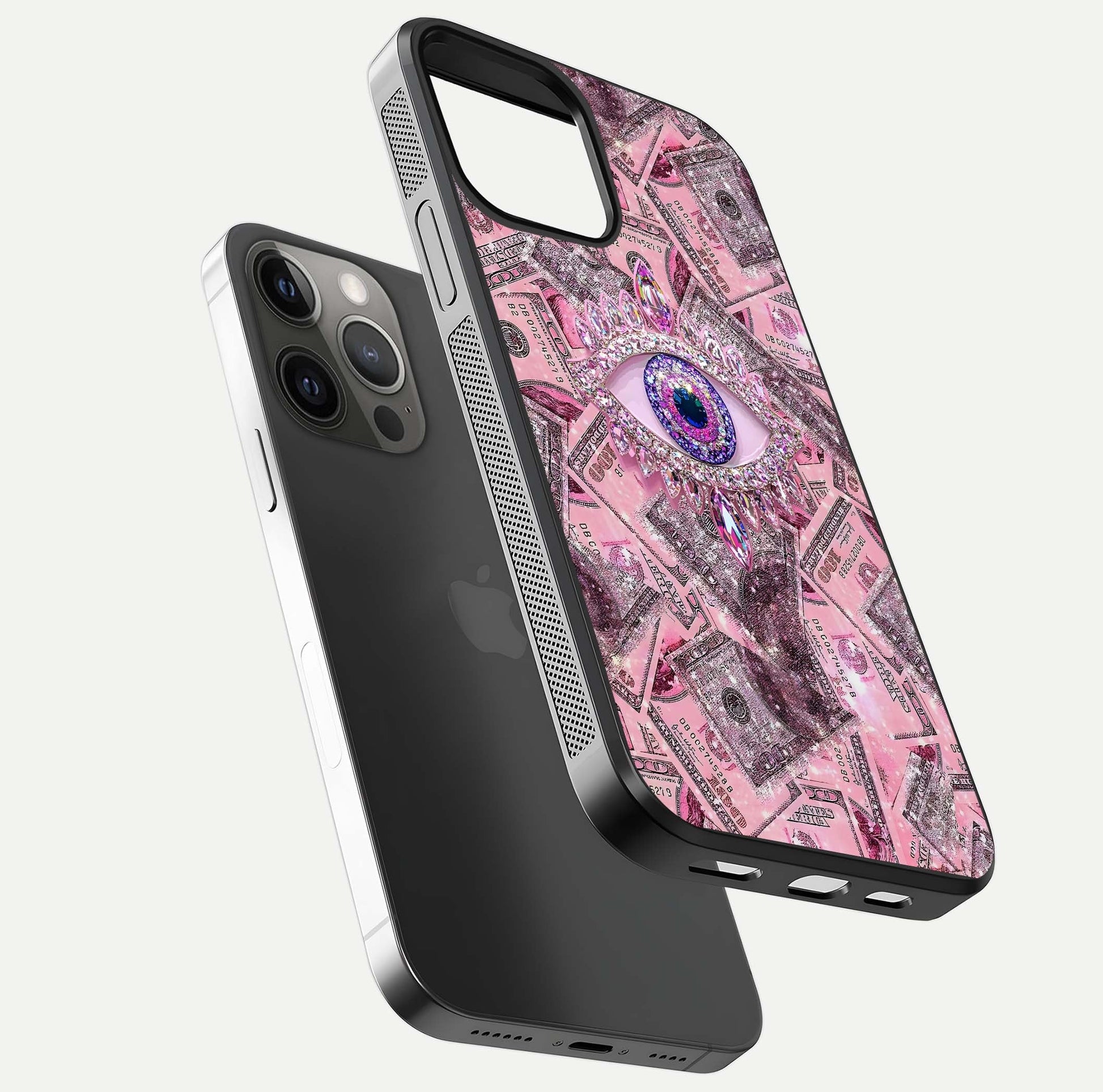 Money Eye Luxe Glass Case for iPhone 12 Pro Max floating dual-view mockup showing gloss surface and premium look