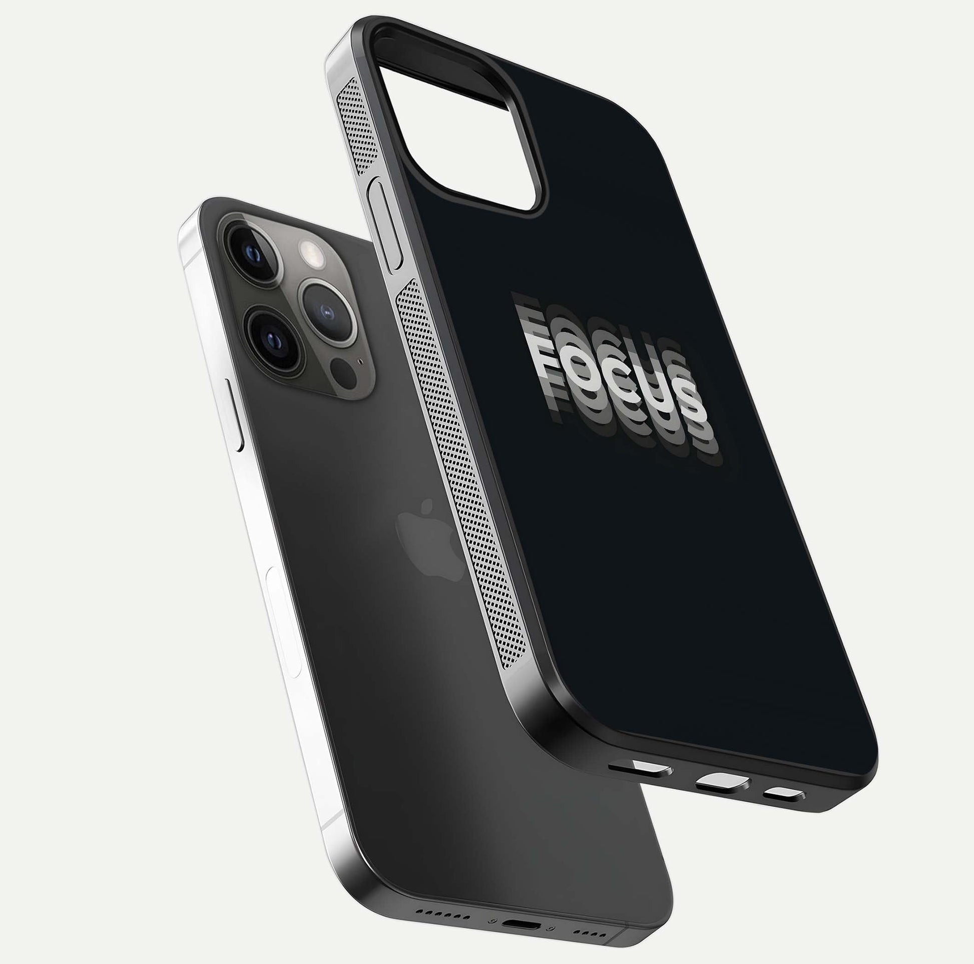 Mono Focus Vision Glass Case for iPhone 12 Pro Max floating dual-view mockup showing HD gloss and elegant simplicity