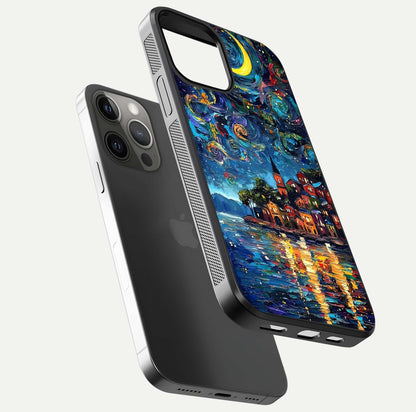 Moonlight Harbor Glow Glass Case for iPhone 12 Pro Max floating dual-view mockup showing gloss brightness and glow