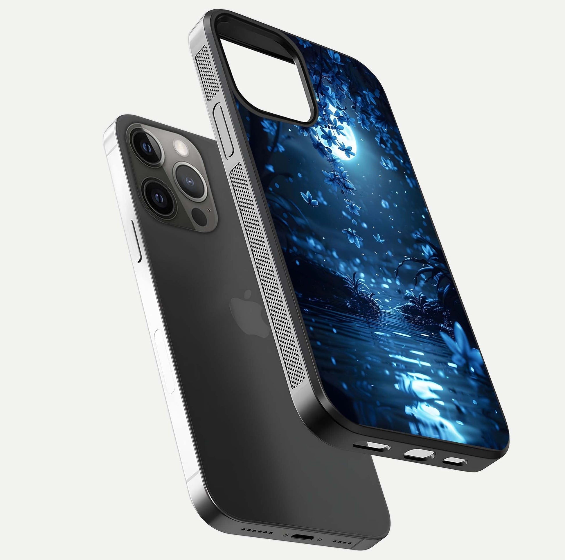 Moonlight Petal Dream Glass Case for iPhone 12 Pro Max floating dual-view mockup showing HD gloss and dreamy art