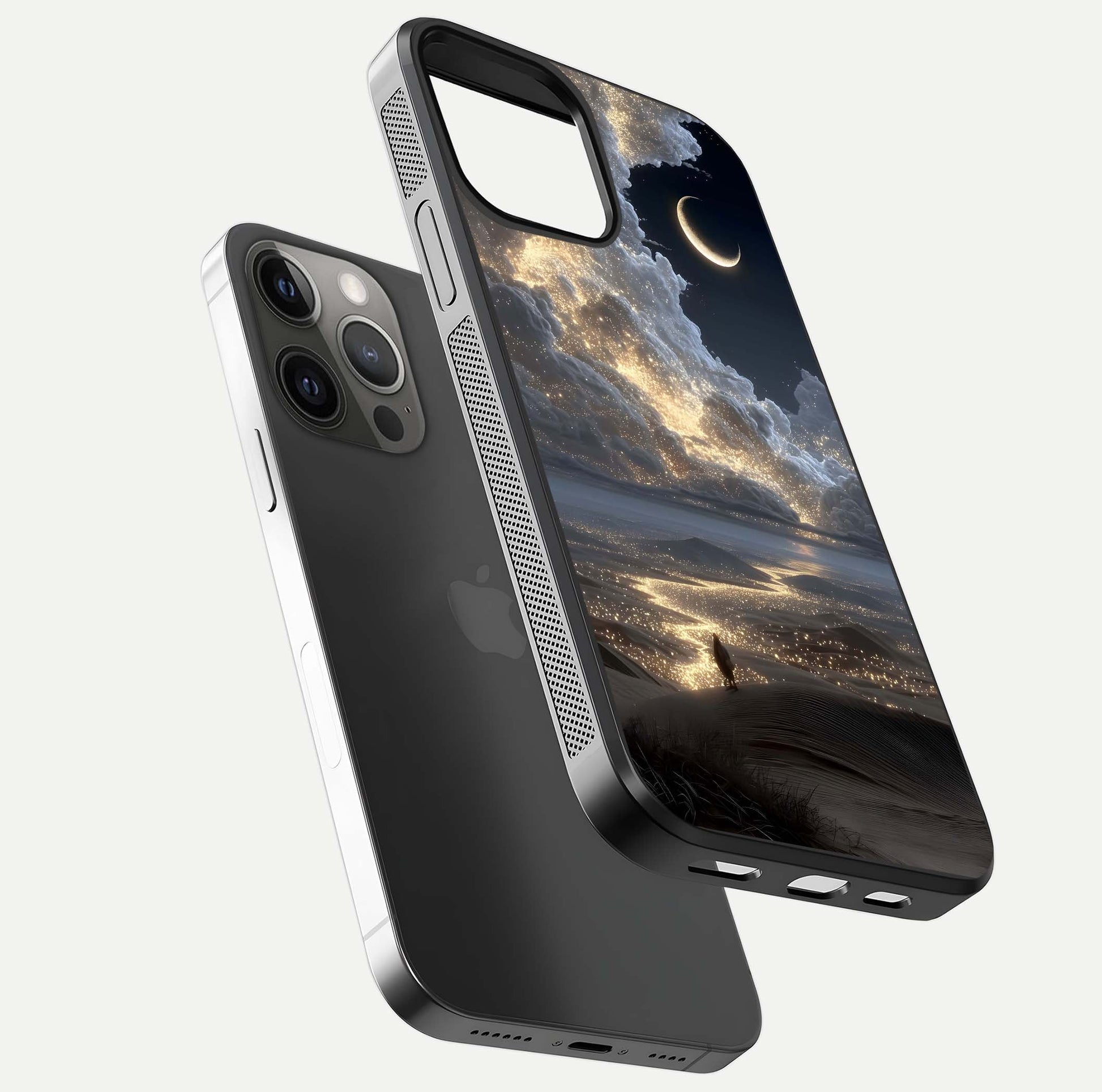 Moonlight Spark Path Glass Case for iPhone 12 Pro Max floating dual-view mockup showing gloss finish and shine depth