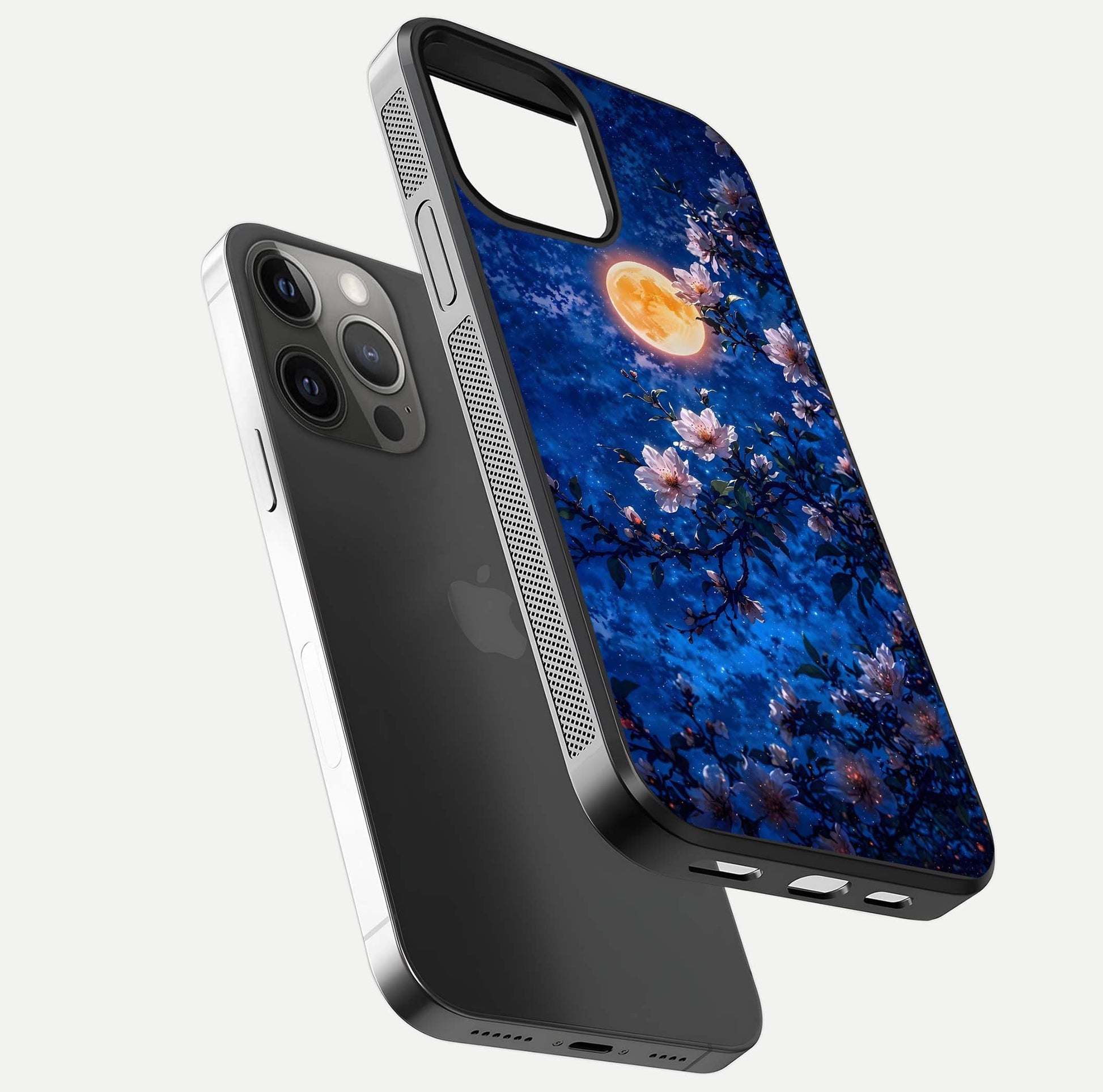 Moonlit Blossoms Night Glass Case for iPhone 12 Pro Max floating dual-view mockup showing HD gloss and floral contrast