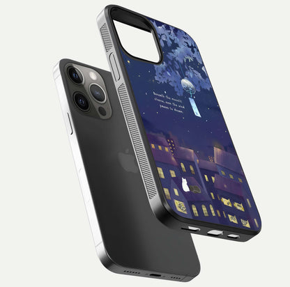 Moonlit Cat Silence Glass Case for iPhone 12 Pro Max floating dual-view mockup showing gloss reflection and moon art