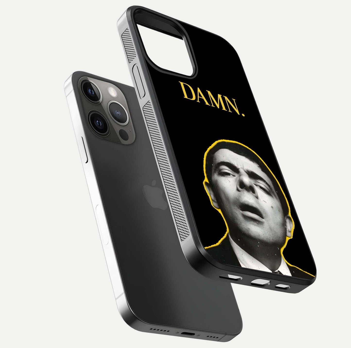 Mr Bean Damn Glass Case for iPhone 12 Pro Max floating dual-view mockup showing reflective gloss and vivid tones