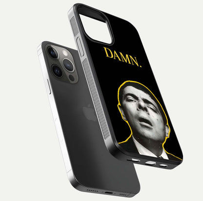Mr Bean Damn Glass Case for iPhone 12 Pro Max floating dual-view mockup showing reflective gloss and vivid tones
