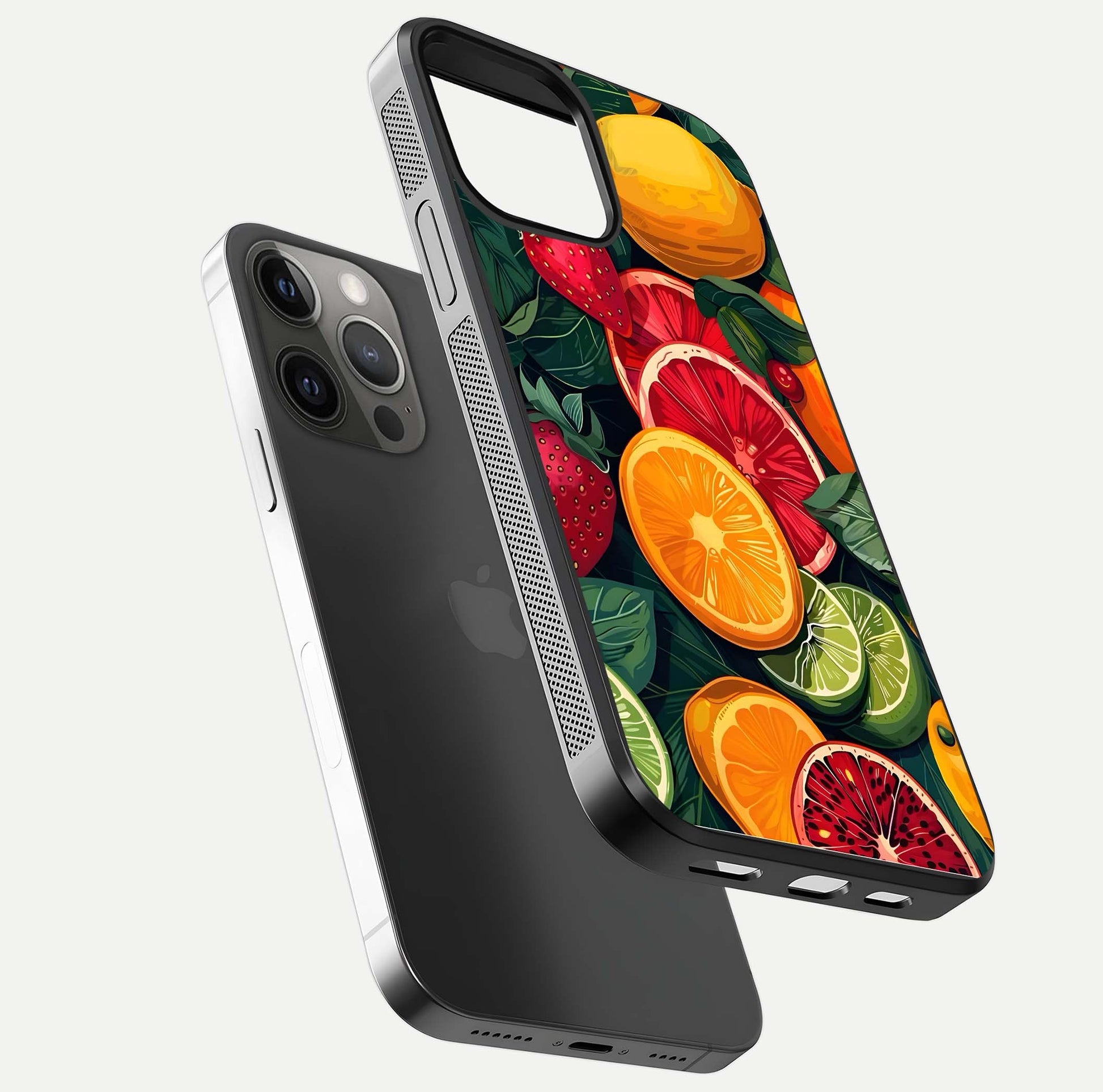 Multiple Fruits Glass Case for iPhone 12 Pro Max floating dual-view mockup showing reflection depth and freshness