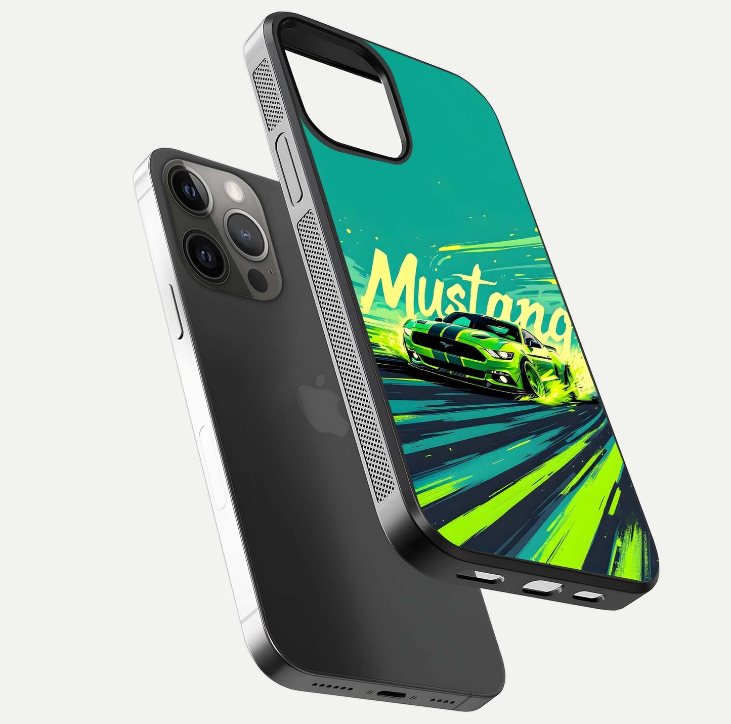 Mustang Bang Glass Case for iPhone 12 Pro Max floating dual-view mockup showing gloss depth and power design