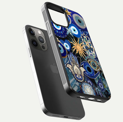 Mystic Blue Evil Eye Glass Case for iPhone 12 Pro Max floating dual-view mockup showing gloss depth and sacred symbol