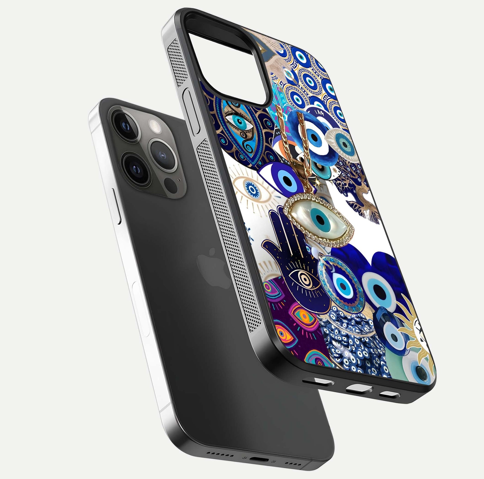 Mystic Charm Eye Glass Case for iPhone 12 Pro Max floating dual-view mockup showing gloss glow and charm symbol