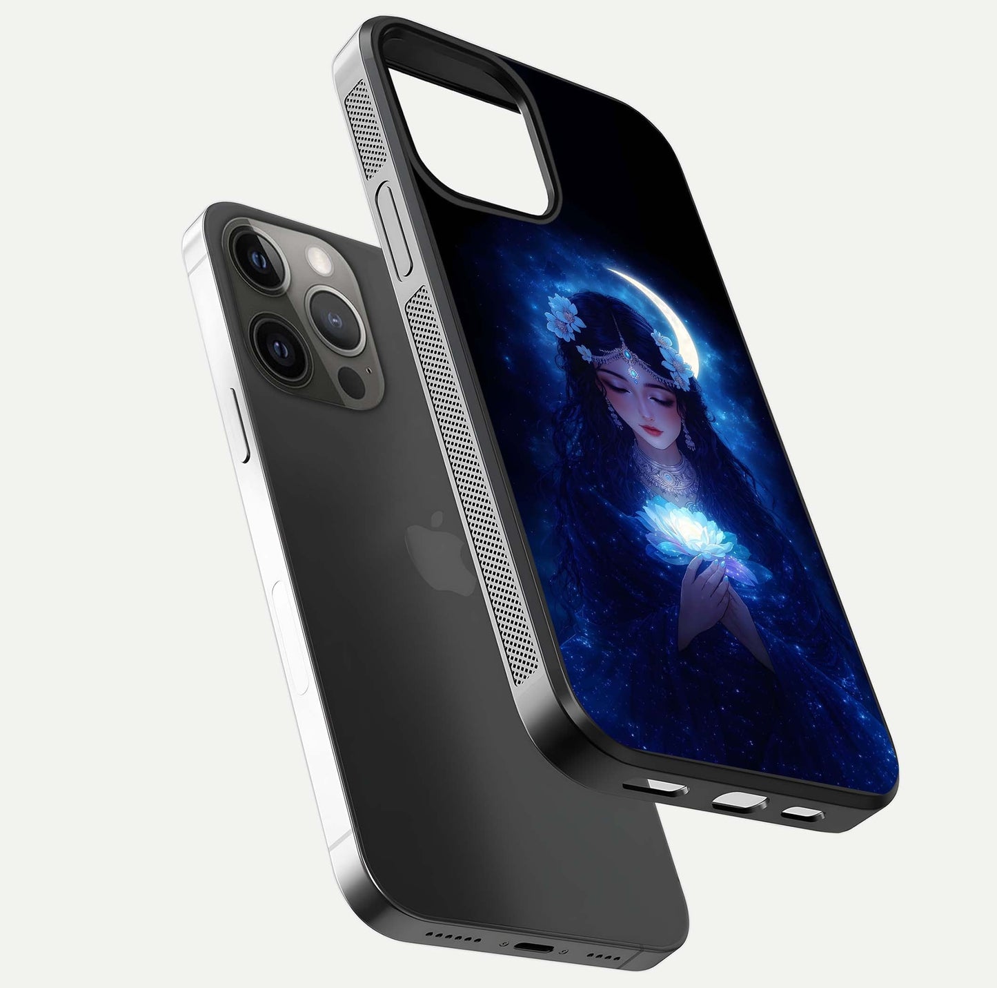 Mystic Moon Queen Glass Case for iPhone 12 Pro Max floating dual-view mockup showing HD gloss and cosmic glow