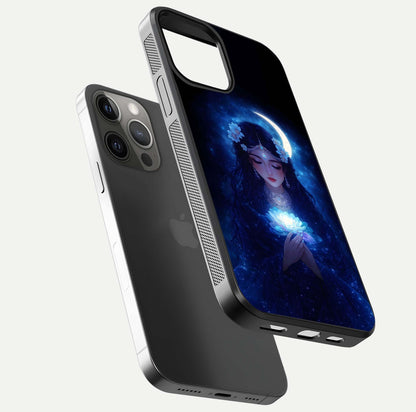 Mystic Moon Queen Glass Case for iPhone 12 Pro Max floating dual-view mockup showing HD gloss and cosmic glow