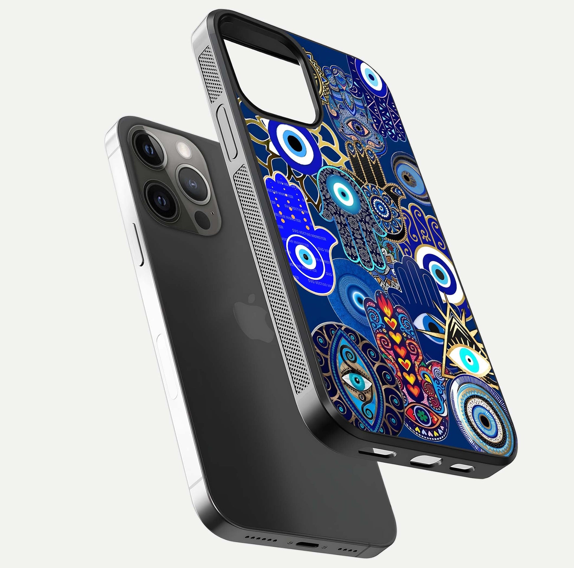 Mystic Palm Guard Glass Case for iPhone 12 Pro Max floating dual-view mockup showing HD reflection and vivid tone