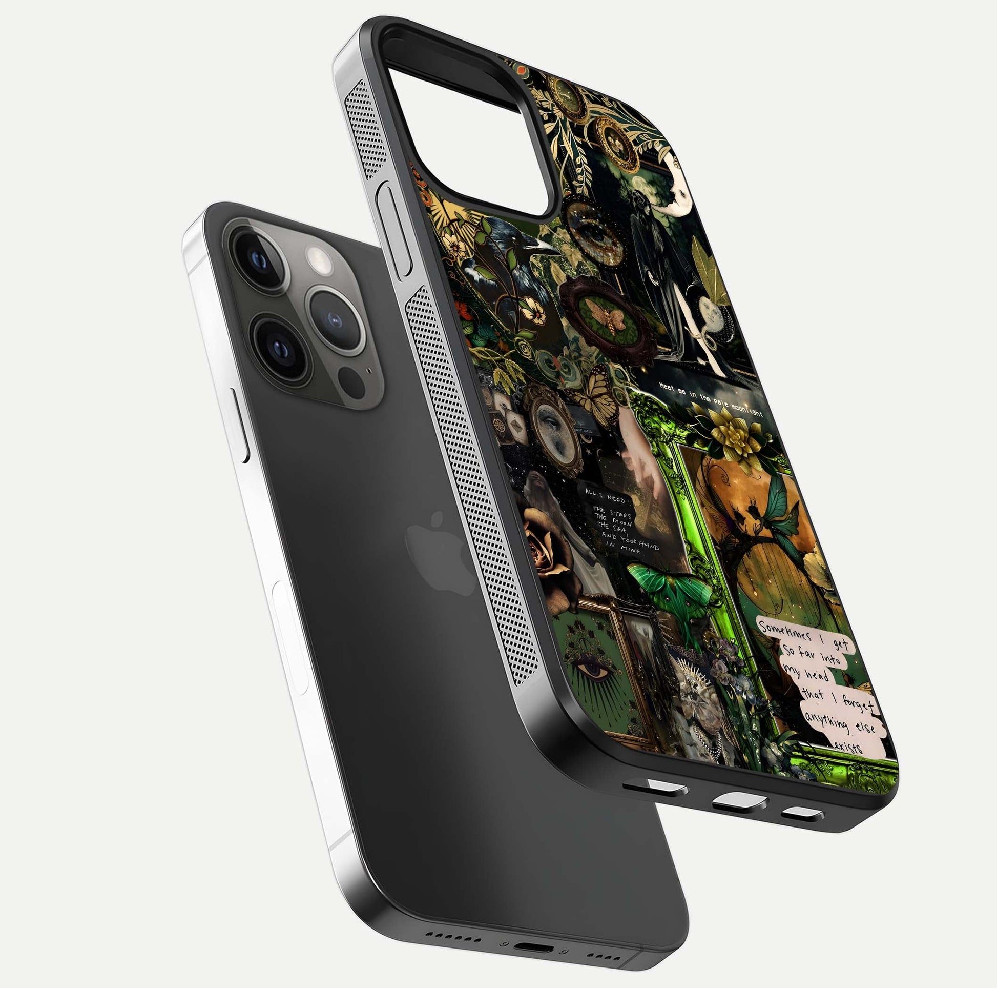 Mystic Woods Secret Glass Case for iPhone 12 Pro Max floating dual-view mockup showing HD shine and depth