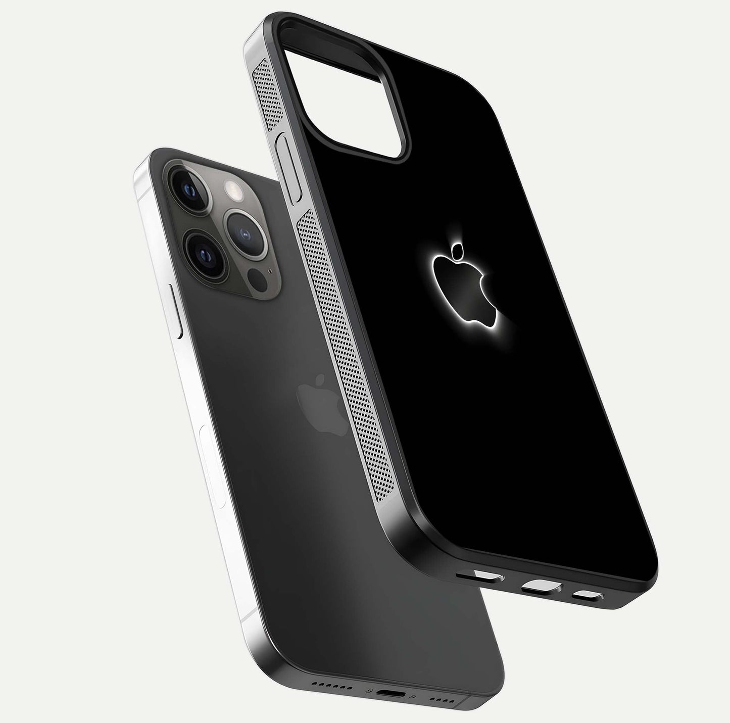 Neon Apple Glow Glass Case for iPhone 12 Pro Max floating dual-view mockup showing HD shine and modern look