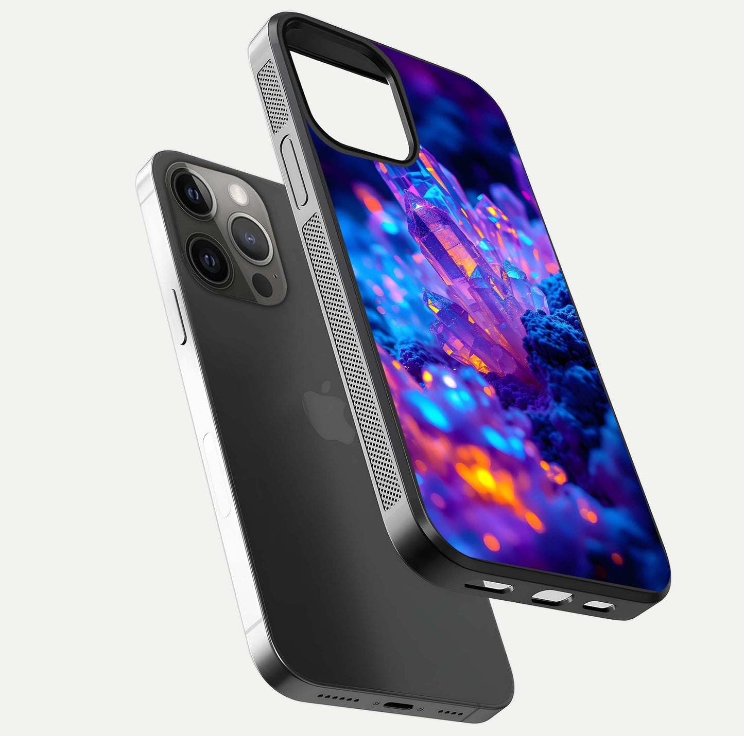 Neon Aura Shards Glass Case for iPhone 12 Pro Max floating dual-view mockup showing HD shine and shard texture