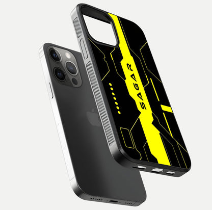 Neon CYBERPUNK Custom Name Glass Case for iPhone 12 Pro Max floating dual-view mockup showing HD shine and neon lines