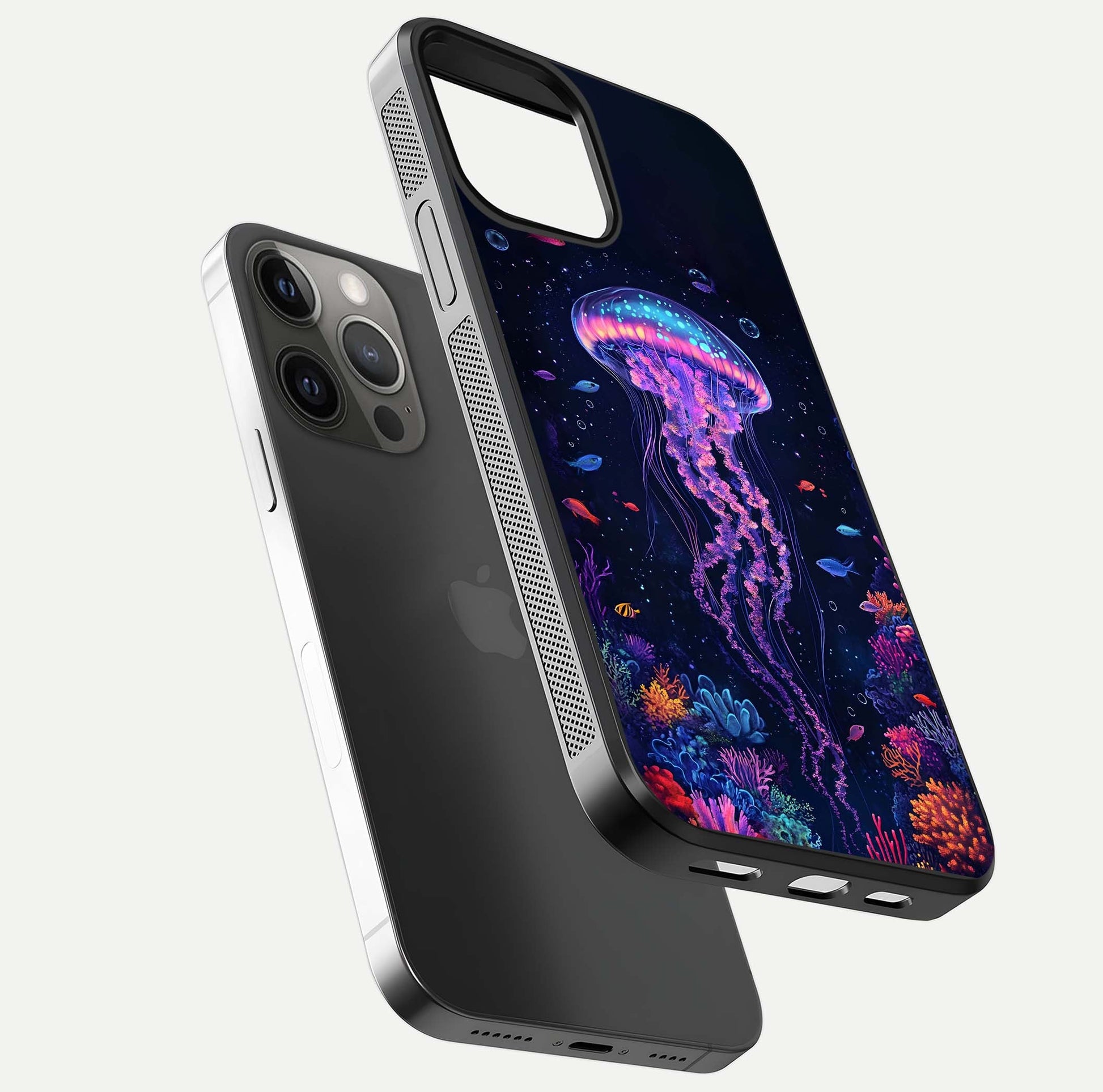 Neon Jellyfish Glass Case for iPhone 12 Pro Max floating dual-view mockup showing gloss texture and underwater glow