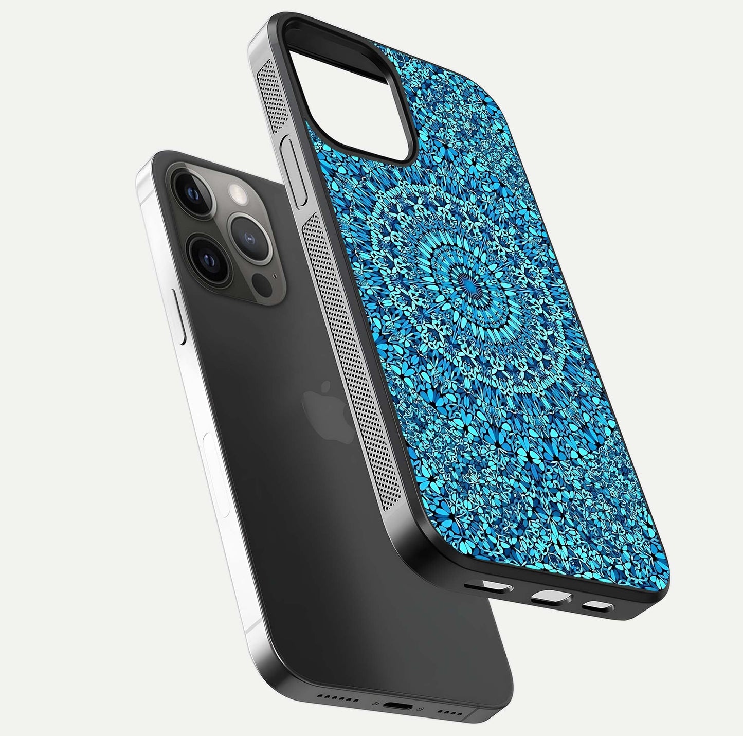 Ocean Bloom Mandala Glass Case for iPhone 12 Pro Max floating dual-view mockup showing gloss texture and print depth