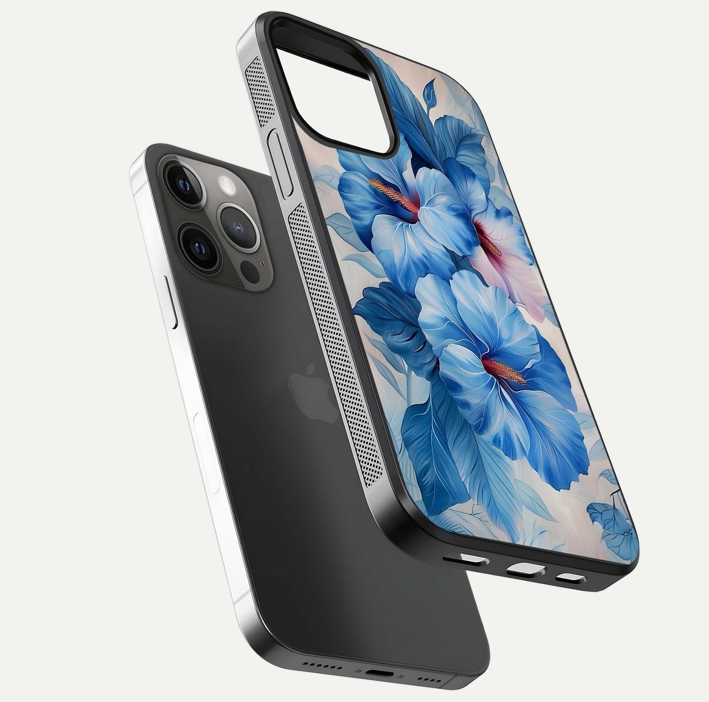 Ocean Hibiscus Grace Glass Case for iPhone 12 Pro Max floating dual-view mockup showing gloss reflection and print clarity