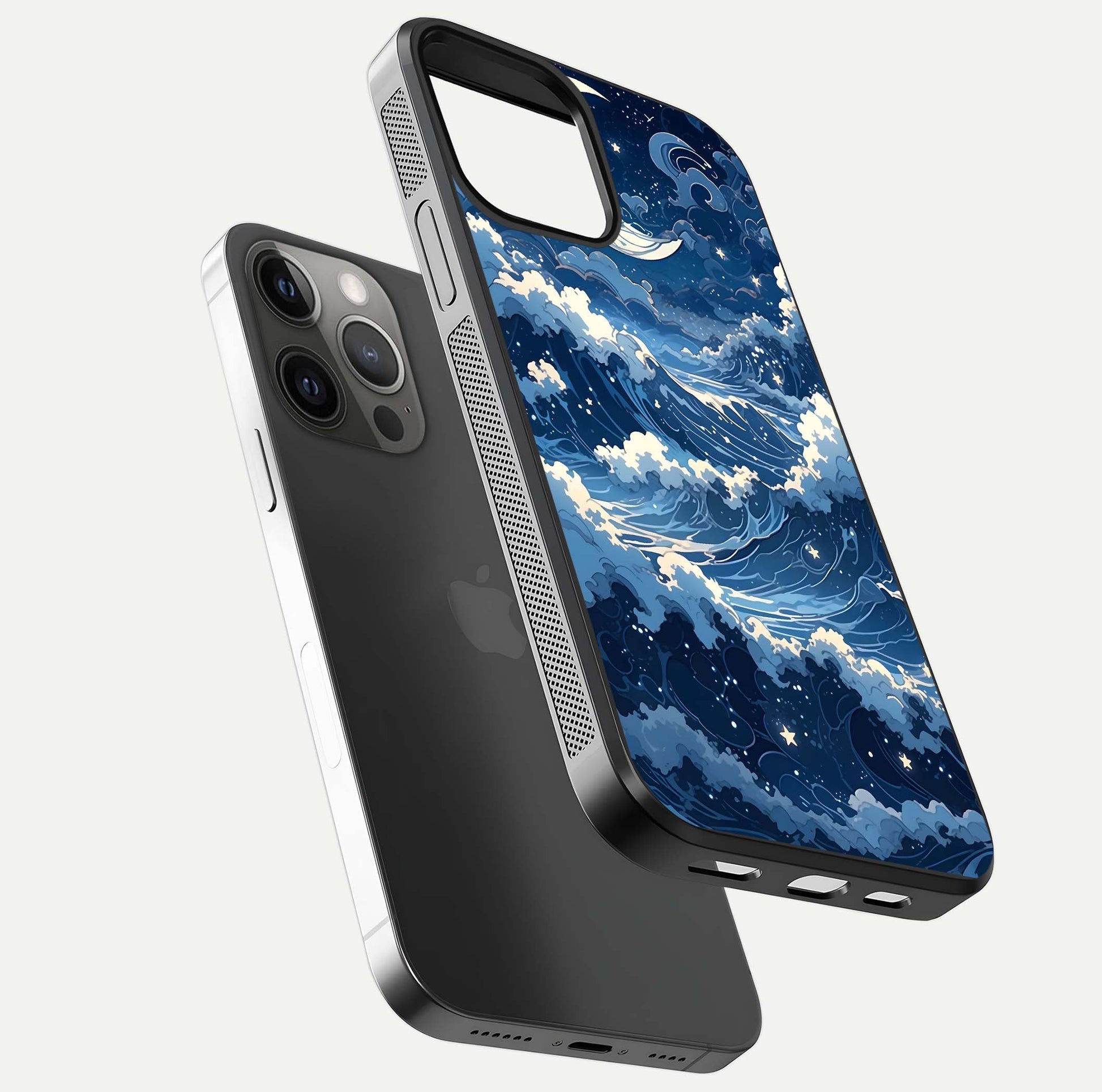 Ocean Moon Waves Glass Case for iPhone 12 Pro Max floating dual-view mockup showing gloss texture and moon glow