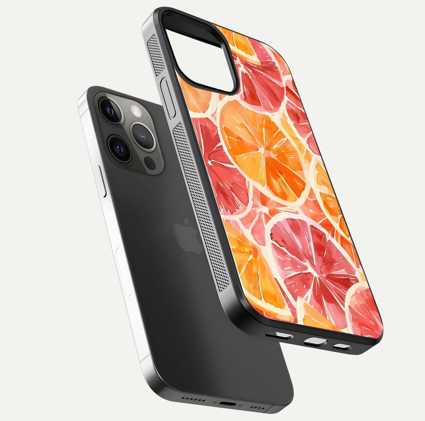 Orange Fruits Pattern Glass Case for iPhone 12 Pro Max floating dual-view mockup showing gloss reflection and HD tone
