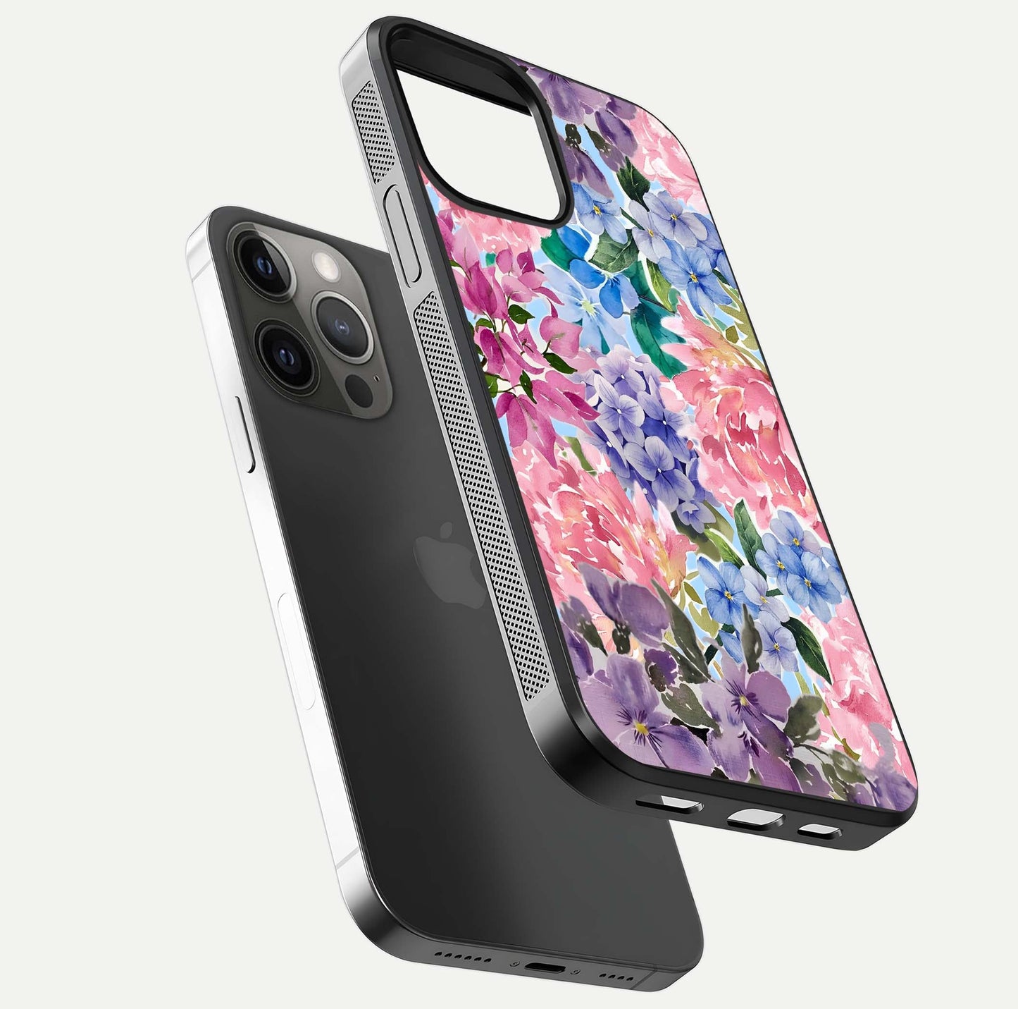 Pastel Floral Mix Glass Case for iPhone 12 Pro Max floating dual-view mockup showing HD gloss and floral texture