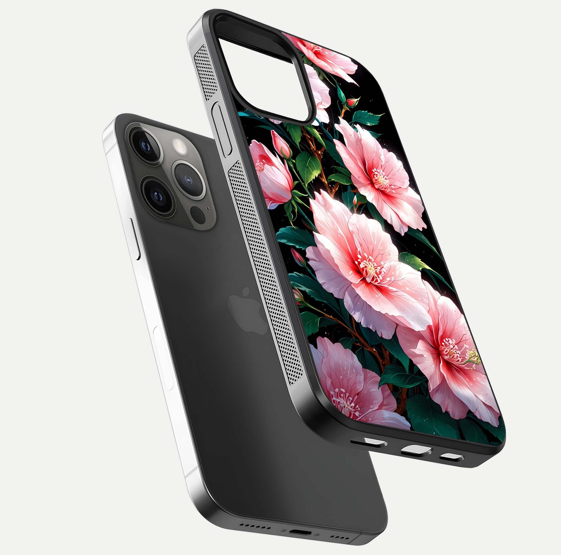 Peach Flower Glass Case for iPhone 12 Pro Max floating dual-view mockup displaying shine and delicate flower art