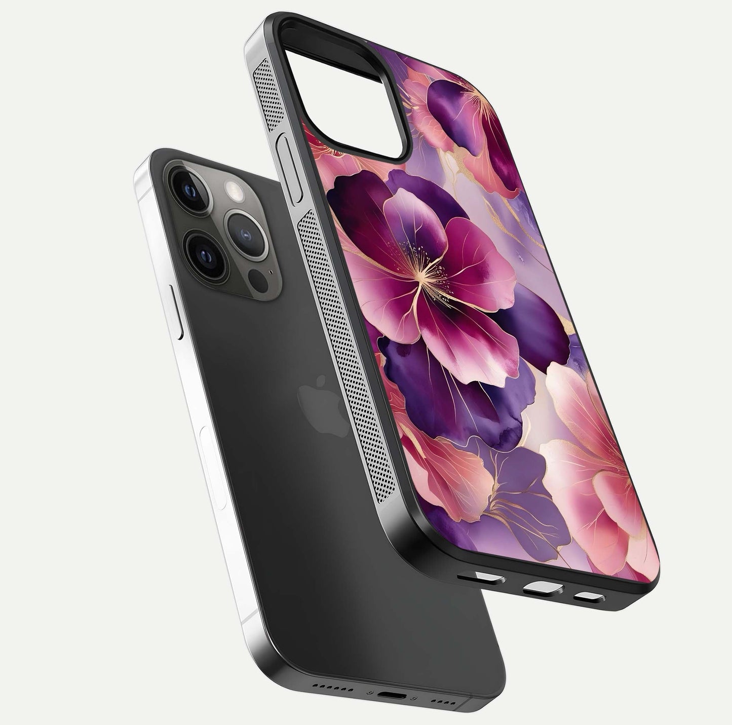 Pink Bouquet Florals Glass Case for iPhone 12 Pro Max floating dual-view mockup showing gloss surface and color depth