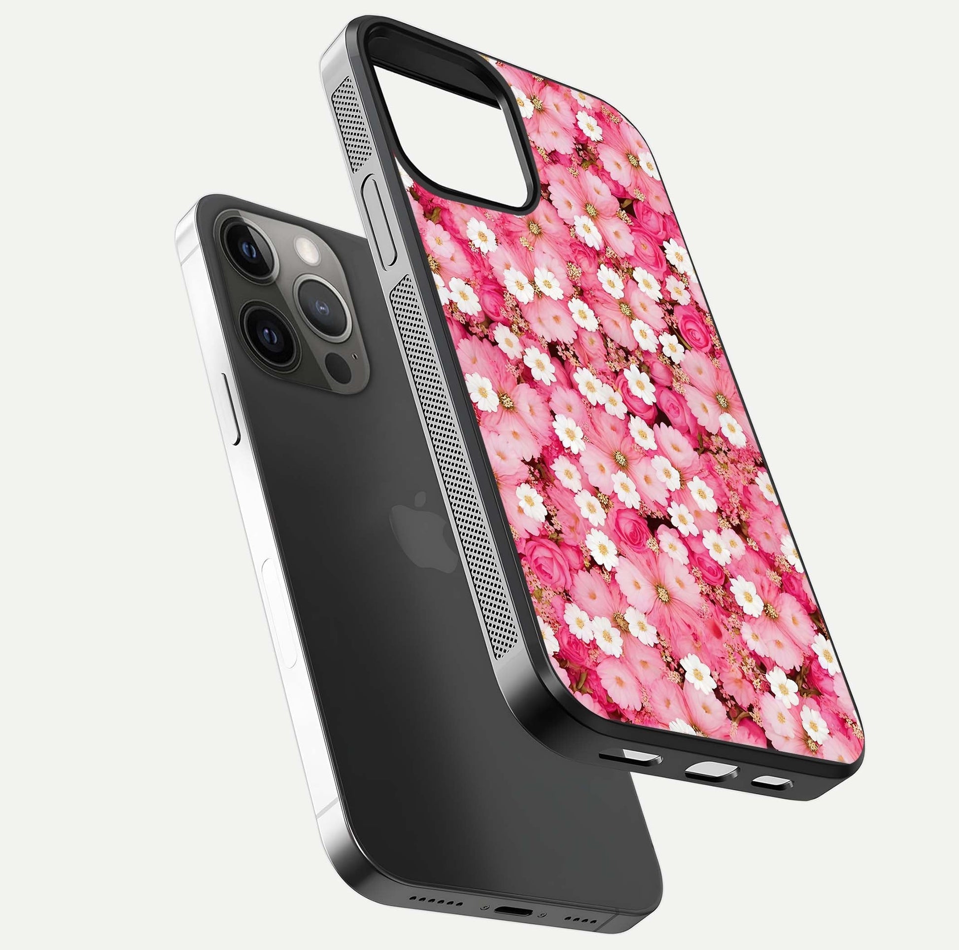 Pink Daisy Bliss Glass Case for iPhone 12 Pro Max floating dual-view mockup displaying gloss shine and pastel tones