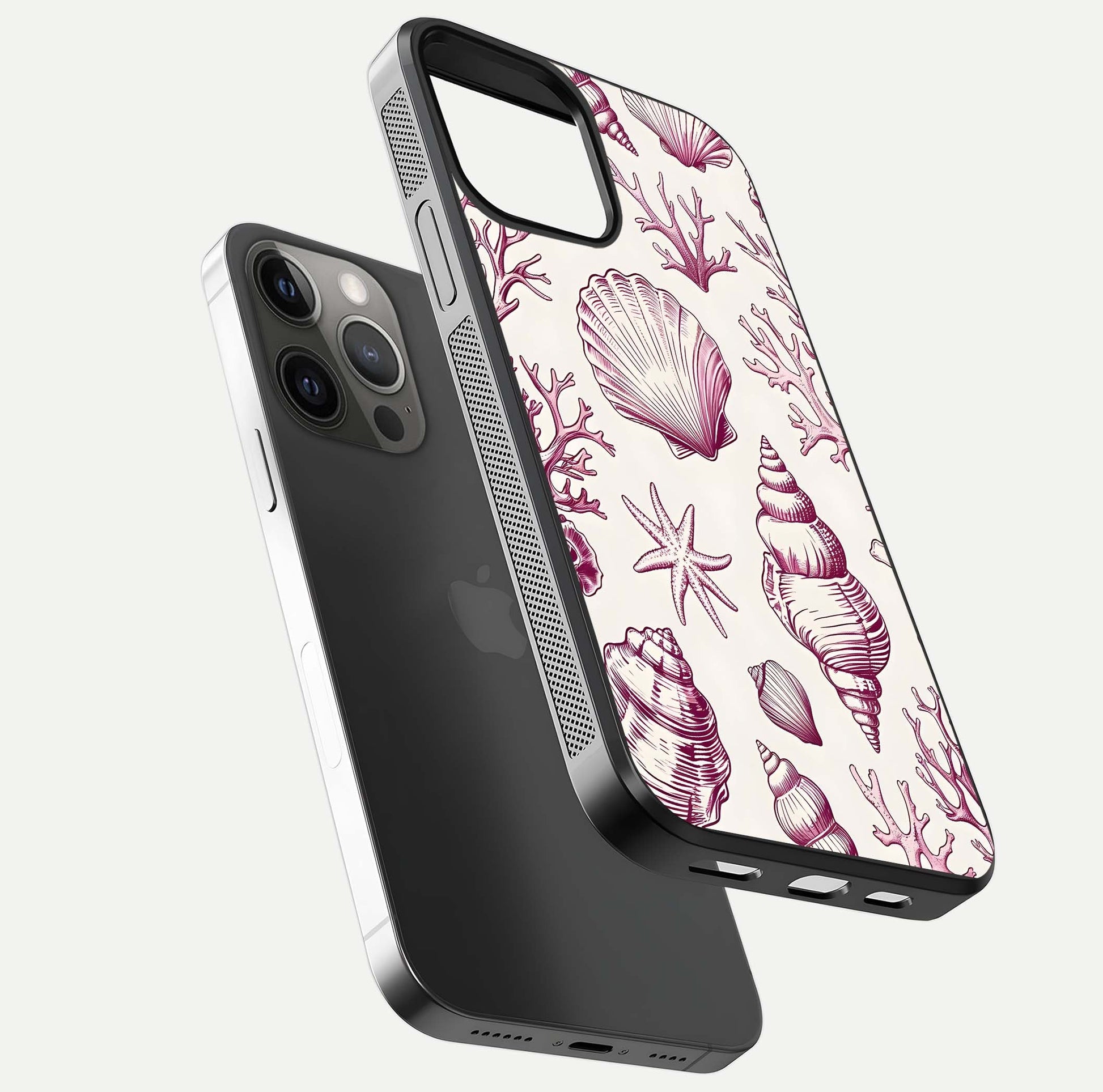 Pink Shells Outline Glass Case for iPhone 12 Pro Max floating dual-view mockup displaying gloss and ocean vibe
