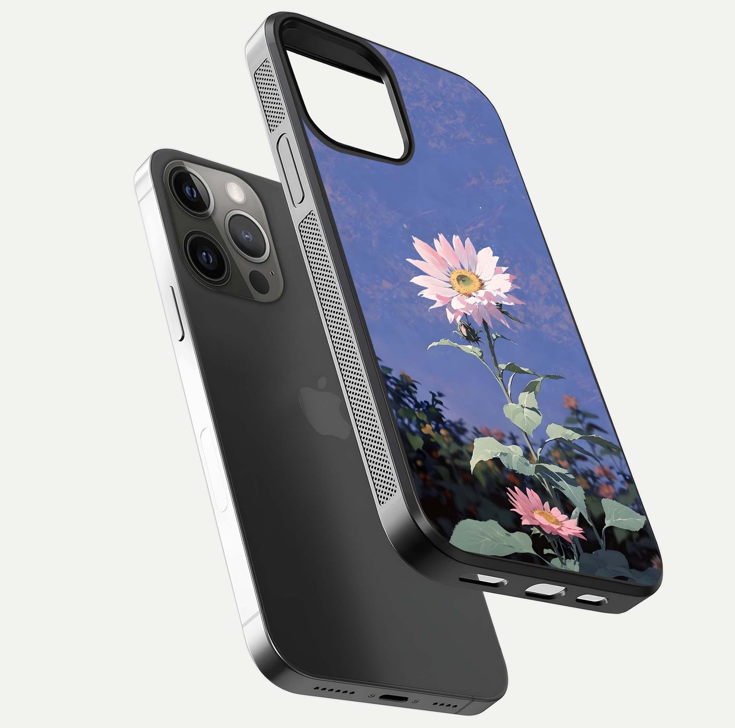 Pink Sunflower Glow Glass Case for iPhone 12 Pro Max floating dual-view mockup showing gloss reflection and design depth