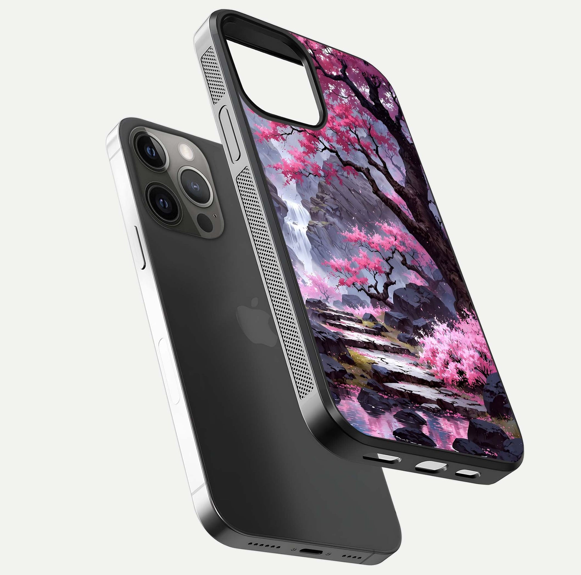 Pinkish Scenery Glass Case for iPhone 12 Pro Max floating dual-view mockup displaying gloss shine and artistic tone