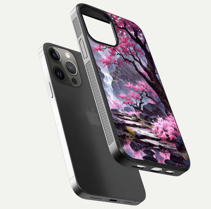 Pinkish Scenery Glass Case for iPhone 12 Pro Max floating dual-view mockup displaying gloss shine and artistic tone