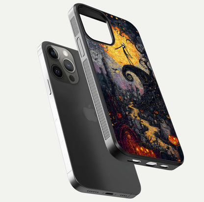 Pumpkin Moon Night Glass Case for iPhone 12 Pro Max floating dual-view mockup showing HD gloss and spooky detail