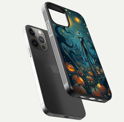 Pumpkin Moonlight Tale Glass Case for iPhone 12 Pro Max floating dual-view mockup showing HD gloss and eerie design