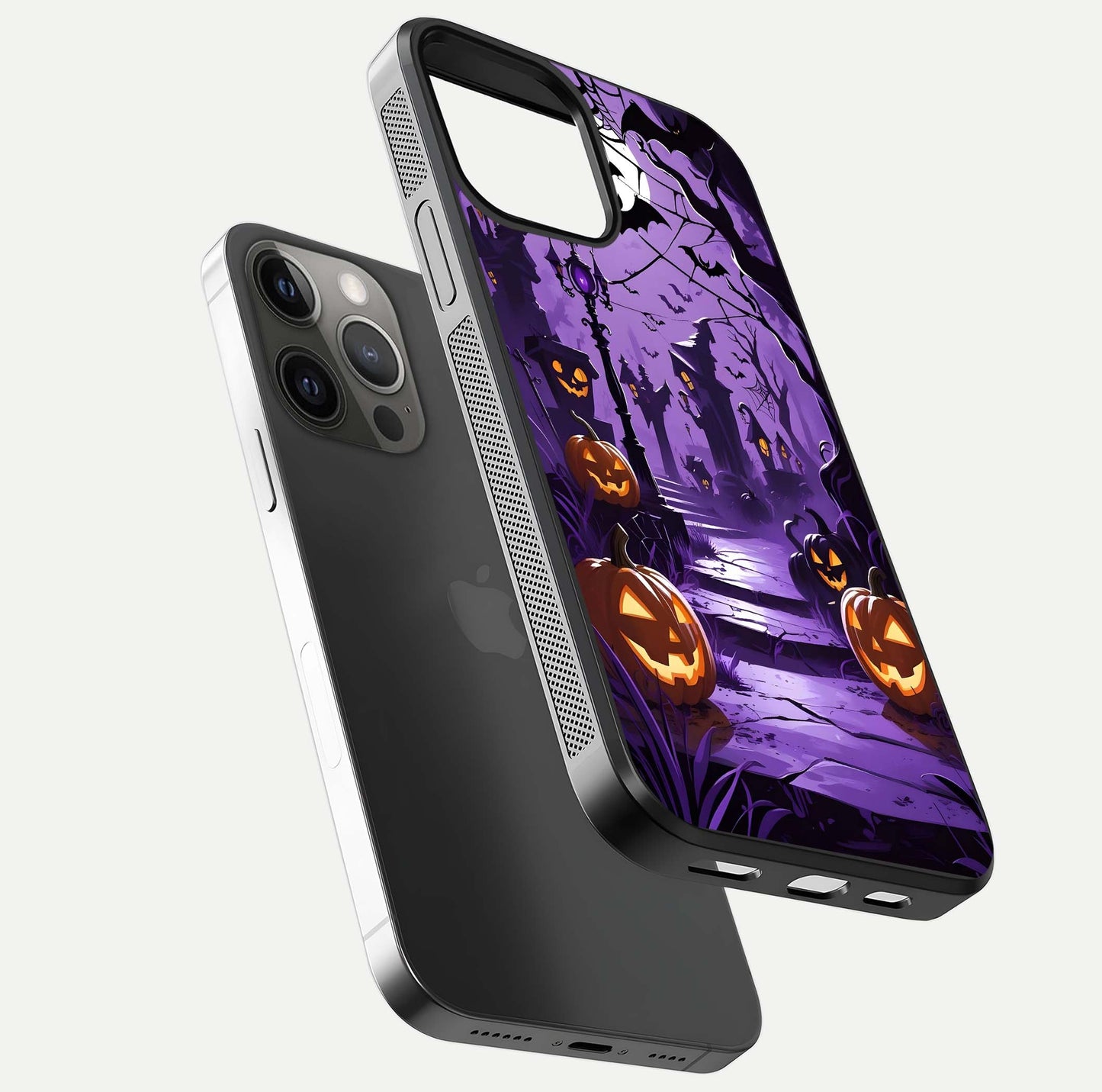 Pumpkin Patch Halloween Glass Case for iPhone 12 Pro Max floating dual-view mockup displaying gloss and dark tone