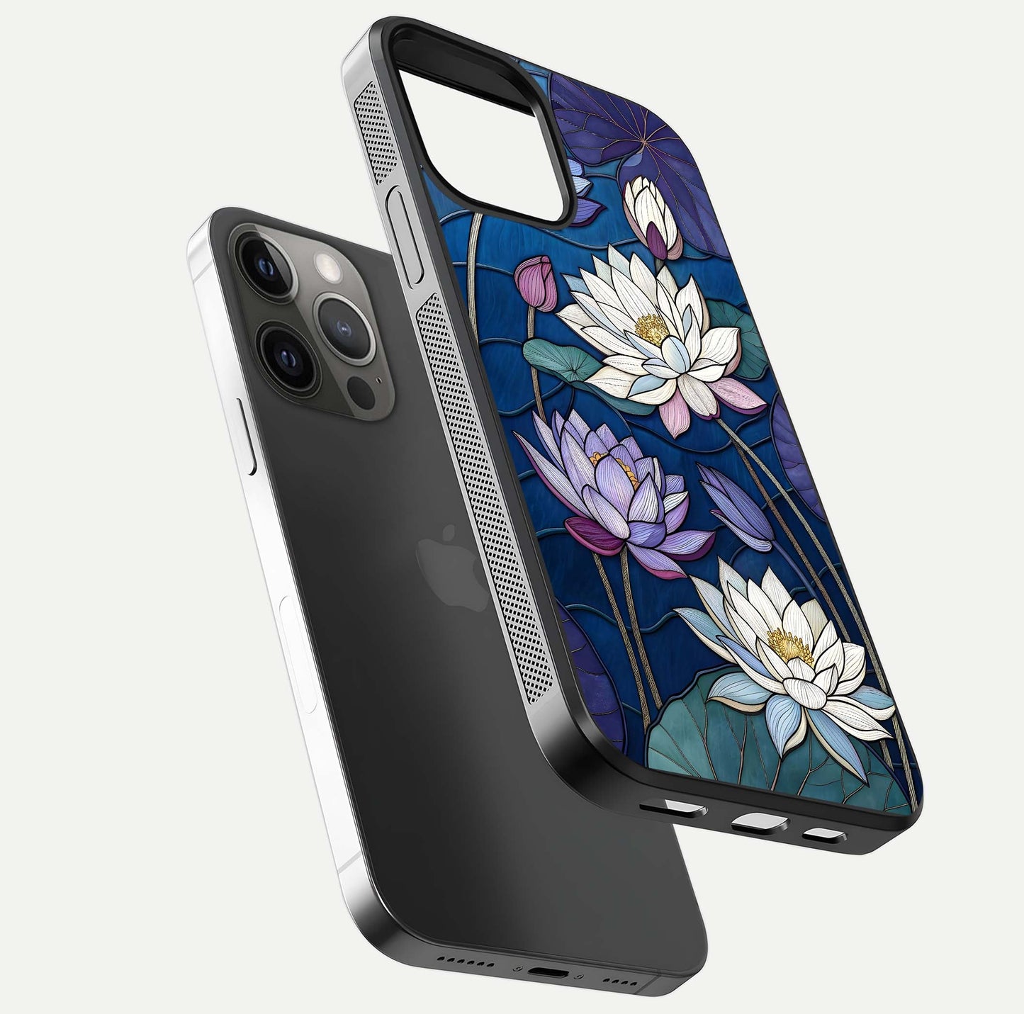 Purple Lotus Stained Glass Case for iPhone 12 Pro Max floating dual-view mockup displaying color depth and glass clarity