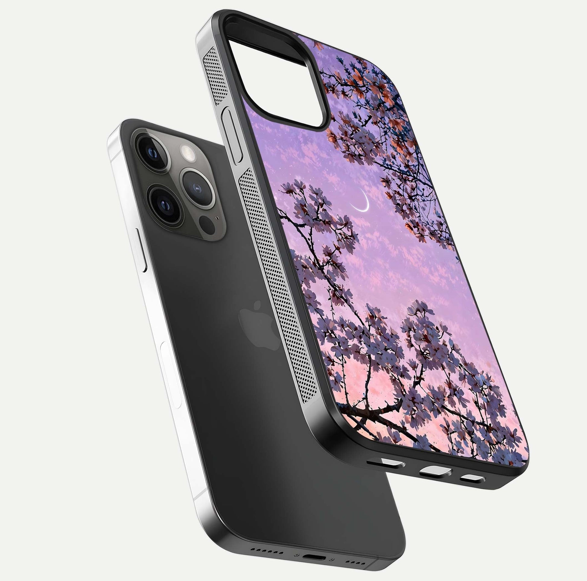 Purple Serenity Moon Glass Case for iPhone 12 Pro Max floating dual-view mockup showing gloss and cosmic detail